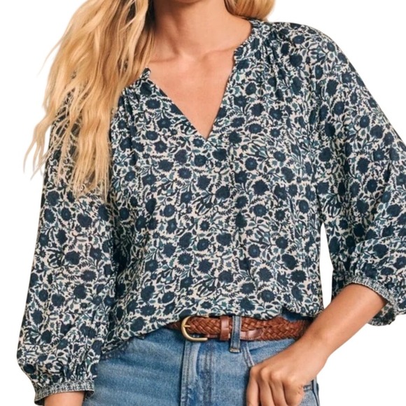 Faherty Tops - Faherty Portia Blouse Blue Floral Peasant Top Size S